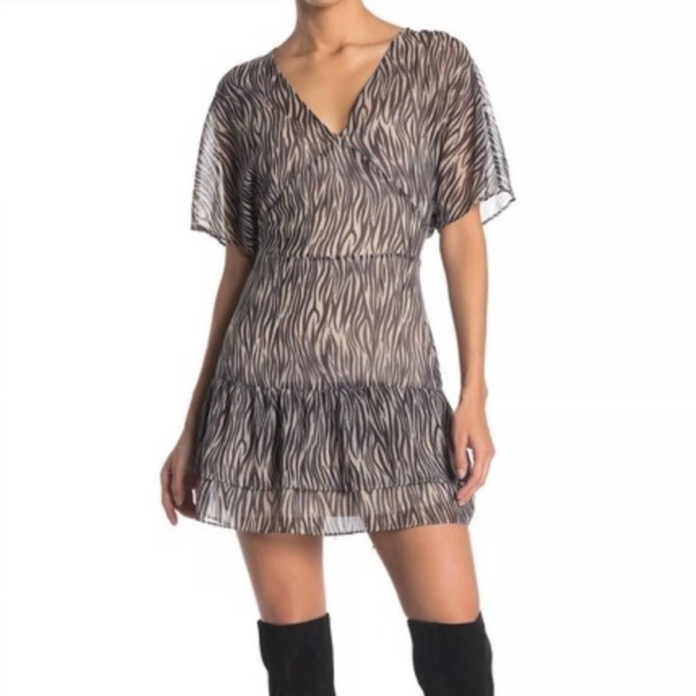 AllSaints Marley Zebra Print Dress SZ 2 Sheer Mini Ruffled Boho Hipster Festival
